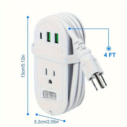 Travel Power Strip with USB Outlet - Compact Surge Protector with 4ft Extension Cord, 2 Outlets, 2 USB Ports and 1 USB-C - Perfect for Travel, Office, and Vacations