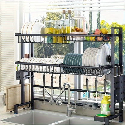 Expandable Stainless Steel Sink and Bowl Rack - 2 Layer Adjustable with Cutlery and Chopstick Rack, Black
