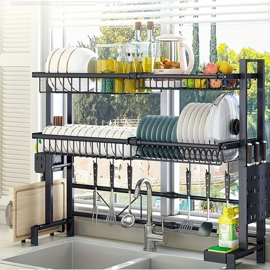 Expandable Stainless Steel Sink and Bowl Rack - 2 Layer Adjustable with Cutlery and Chopstick Rack, Black