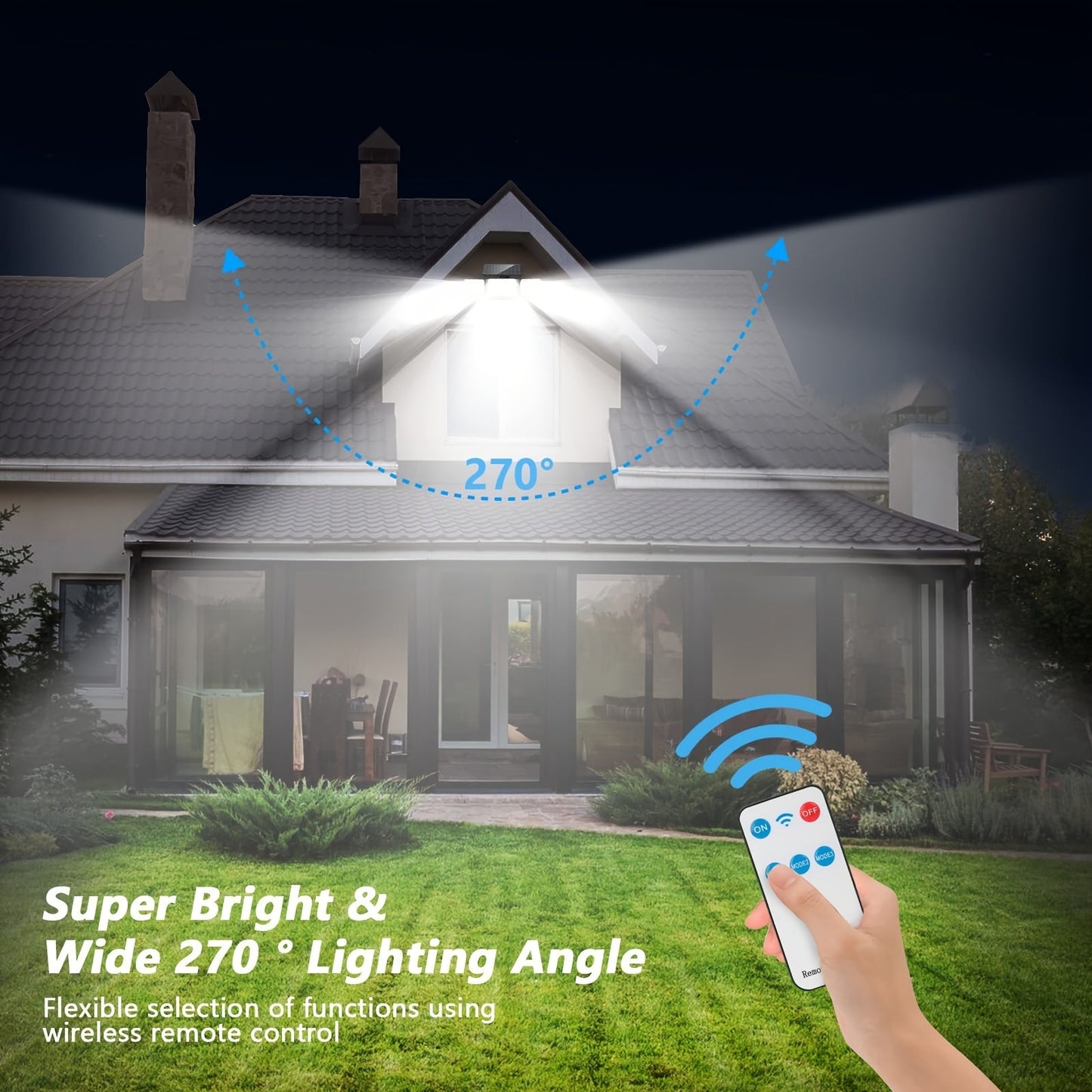 2Pcs Super Bright Solar Motion Sensor Outdoor Floodlight – 4 Adjustment Modes, Intelligent Auto Adjust, Remote Control