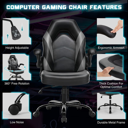 Ergonomic Gaming Chair – PU Leather Home Office Desk Chair with Lumbar Support, Height Adjustable, Big and Tall with Flip-Up Armrests and Swivel Wheels for Adults and Teens