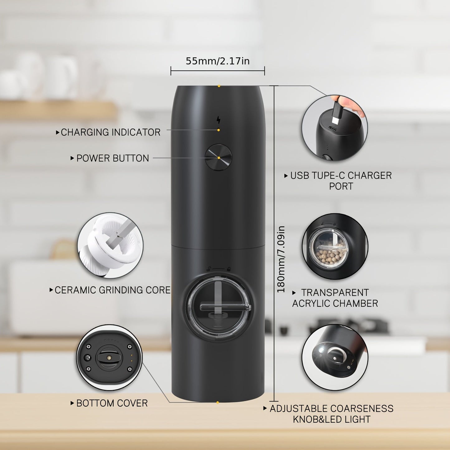 Rechargeable Electric Salt and Pepper Grinder Set - 1/2 pcs, Adjustable Coarseness, LED Light, USB Charging | One-Hand Operation, Space-Saving, Easy to Clean - Perfect Mother's Day Gift