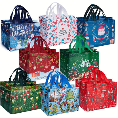 Large Christmas Gift Bags with Handles - 8/16 pcs Reusable Non-Woven Tote Bags, Festive Red/Green/Blue, 12.8"x9.8"x6.7" for Gifts and Decorations