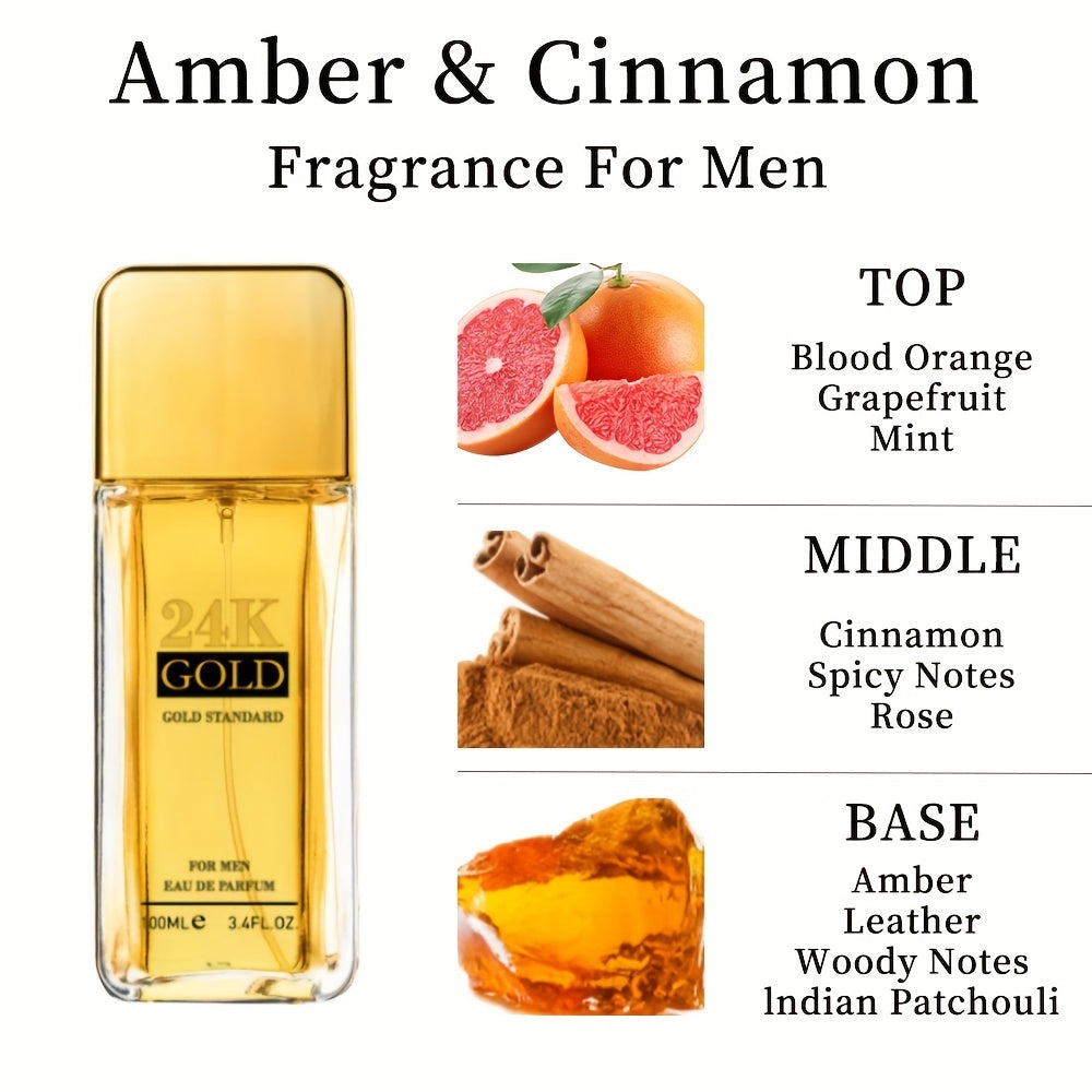 3.4 Fl Oz Men's Eau De Toilette Spray - Long-Lasting Amber & Cinnamon Fragrance - Perfect for Dating, Parties, and Gift Giving with Notes of Blood Orange, Grapefruit, and Mint