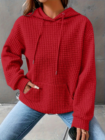 Plus Size Casual Hooded Sweatshirt for Women – Solid Waffle Pattern, Long Sleeve, with Drawstring and Pockets
