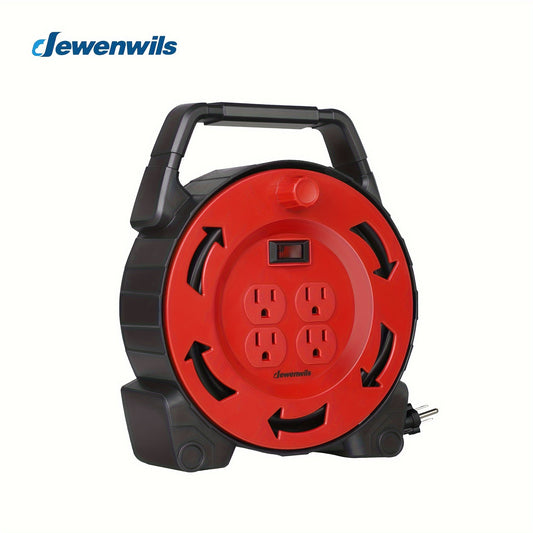 DEWENWILS Extension Cord Reel – 30 FT Power Cord, 16/3 AWG SJTW, 4 Grounded Outlets, 13 Amp Circuit Breaker, UL Listed, Red & Black