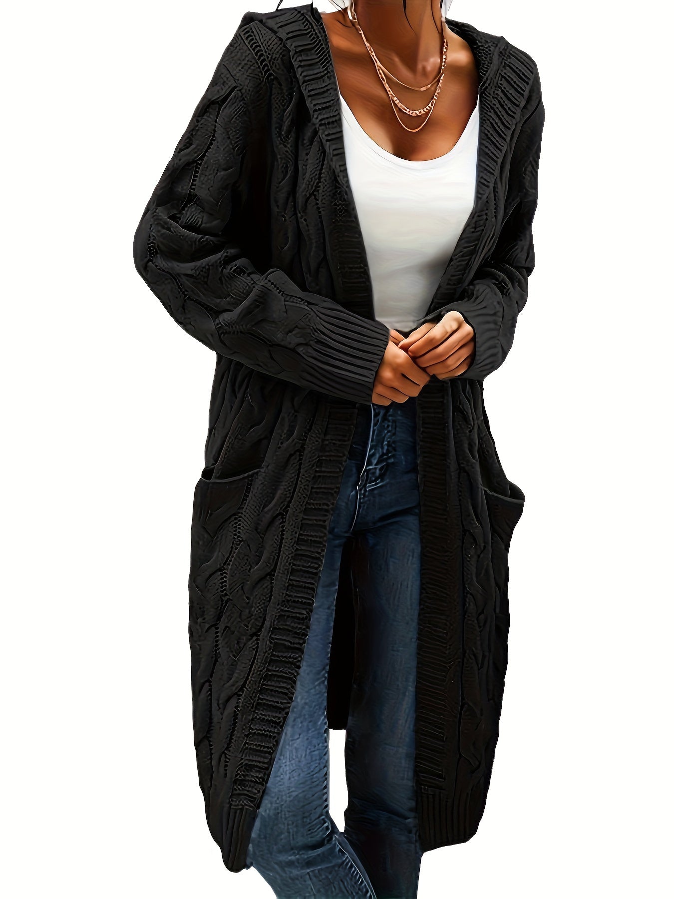 Solid Open Front Cable Knit Hooded Cardigan – Casual Long Sleeve Mid-Length Sweater with Pocket for Women