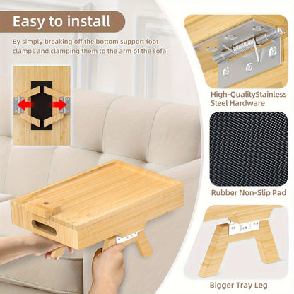 Sofa Armrest Tray with Storage Box - 360° Rotating Bamboo Arm Table, Phone Holder, Remote & Drink Cup Organizer, Food Tray for End Table