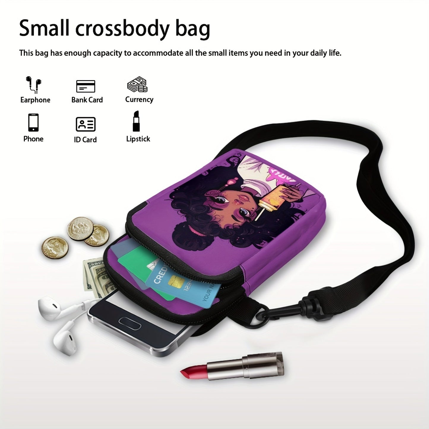 Chic African Girl Print Crossbody Bag - Trendy, Lightweight Double Layer with Adjustable Strap and Zip Closure for Daily Use