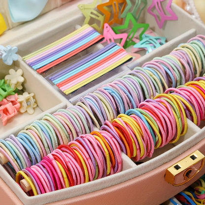 860pcs Dopamine Fashion Hair Accessory Set for Women – Colorful Elastic Bands, Bow & Flower Clips with Stars, Cute Sweet Style, All Seasons