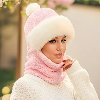 Plush Soft Winter Beanie Hat with Neck and Face Cover - Cozy One-Piece Scarf for Ear Protection, Thick Warm Cycling Hat for Women