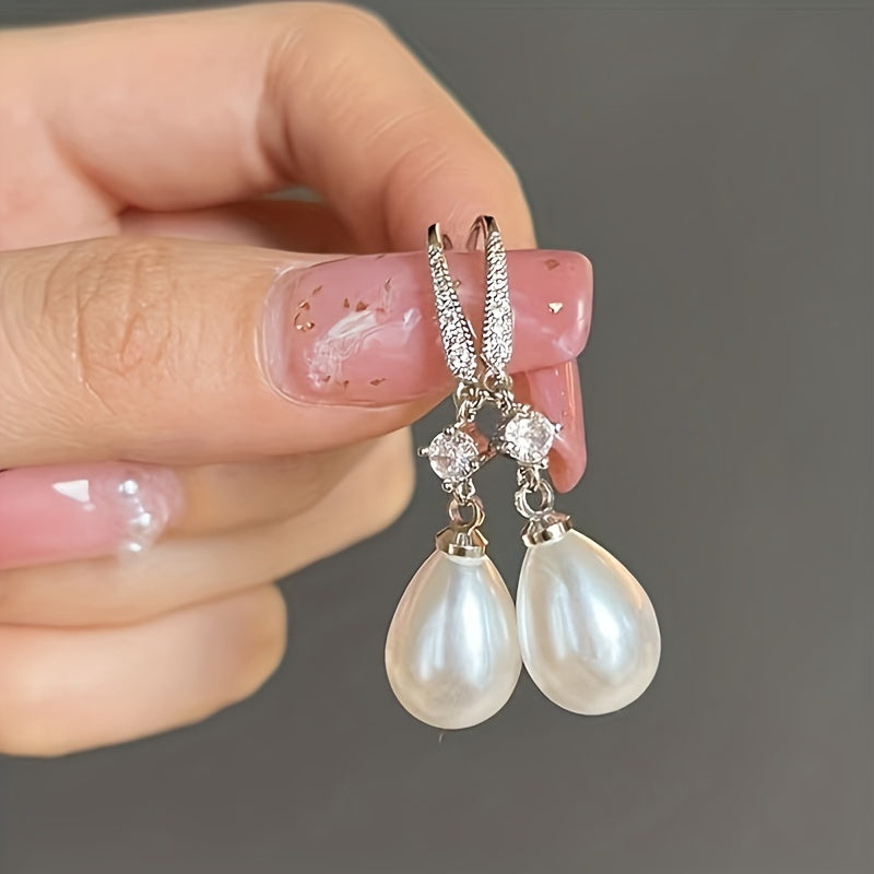 2 Pairs Elegant Zirconia & Imitation Pearl Pendant Earrings – Shiny, Exquisite Design for Women, Bride Engagement & Anniversary Gift