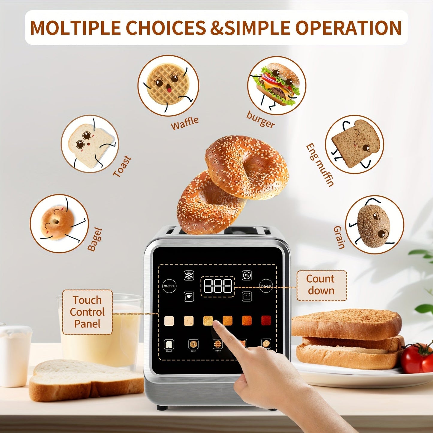 2-Slice Stainless Steel Toaster - Touch Screen Digital Timer, 6 Bread Types and Shade Settings, Bagel, Cancel, Defrost, Memory, 750W-1000W, US Plug