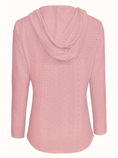 Solid Color Button Eyelet Hoodie – Casual Long Sleeve Drawstring Sweatshirt – Women's Clothing