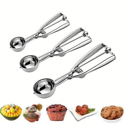 3 Piece Stainless Steel Ice Cream & Cookie Dough Scoops Set with Trigger Release – Silver Cupcake & Fruit Scoop for Baking