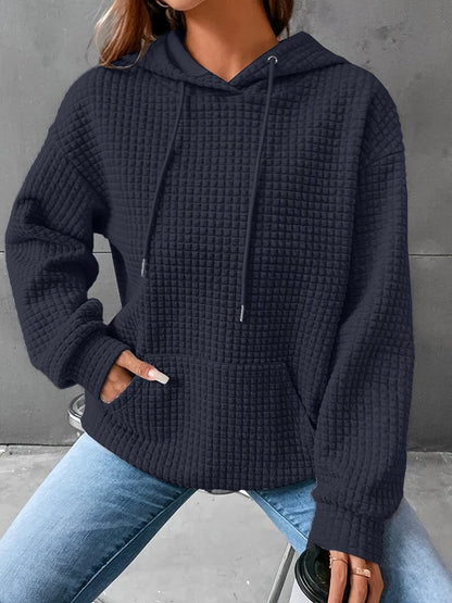Plus Size Casual Hooded Sweatshirt for Women – Solid Waffle Pattern, Long Sleeve, with Drawstring and Pockets