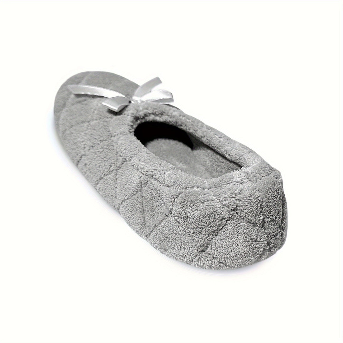 Elegant Women's Ballerina Slippers - Soft Quilted Terrycloth with Satin Bowknot, Lightweight Indoor Shoes in Grey