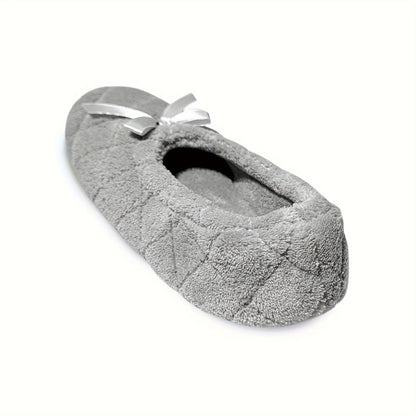 Elegant Women's Ballerina Slippers - Soft Quilted Terrycloth with Satin Bowknot, Lightweight Indoor Shoes in Grey