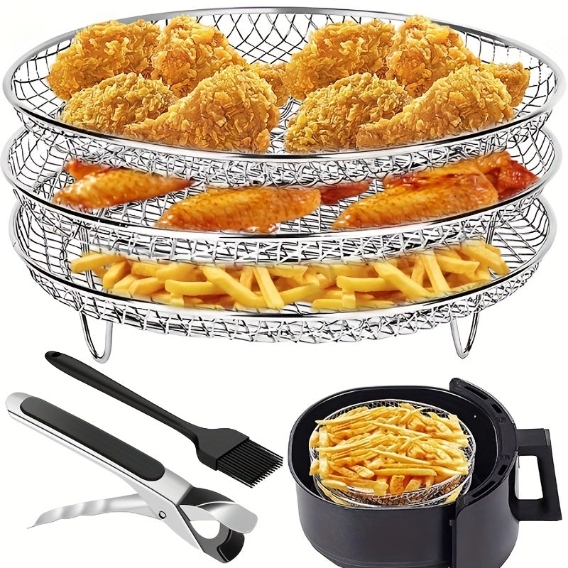 Air Fryer Accessories Set - Three-Layer Circular Grill Rack, Steam Rack, Stainless Steel Stackable Dehydration and Barbecue Rack, Drain and Filter Baskets, Oil Brush and Food Clips