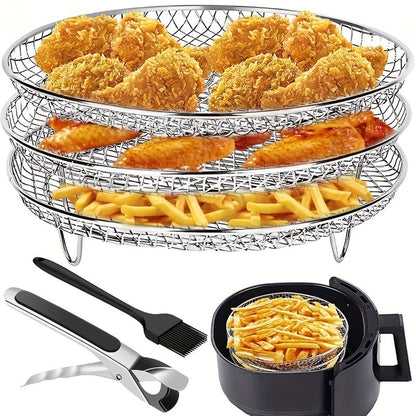 Air Fryer Accessories Set - Three-Layer Circular Grill Rack, Steam Rack, Stainless Steel Stackable Dehydration and Barbecue Rack, Drain and Filter Baskets, Oil Brush and Food Clips