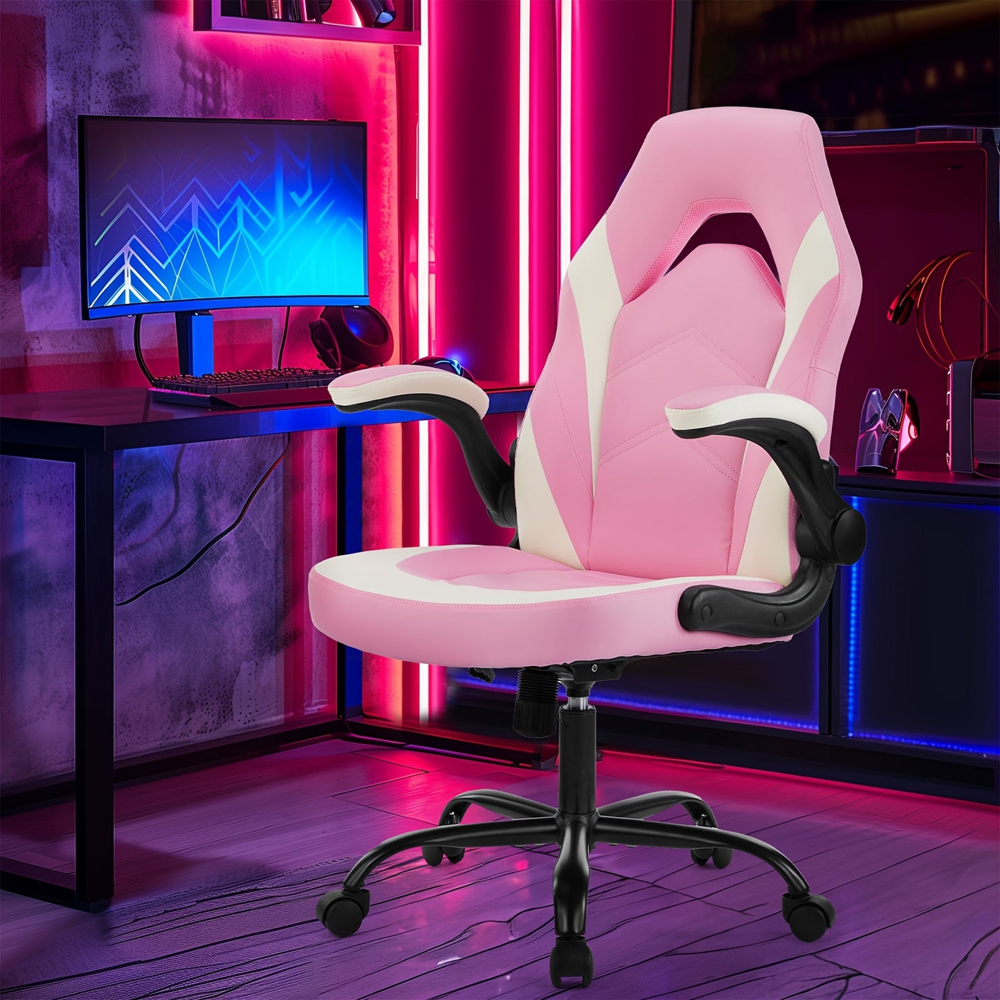 Ergonomic Gaming Chair – PU Leather Home Office Desk Chair with Lumbar Support, Height Adjustable, Big and Tall with Flip-Up Armrests and Swivel Wheels for Adults and Teens