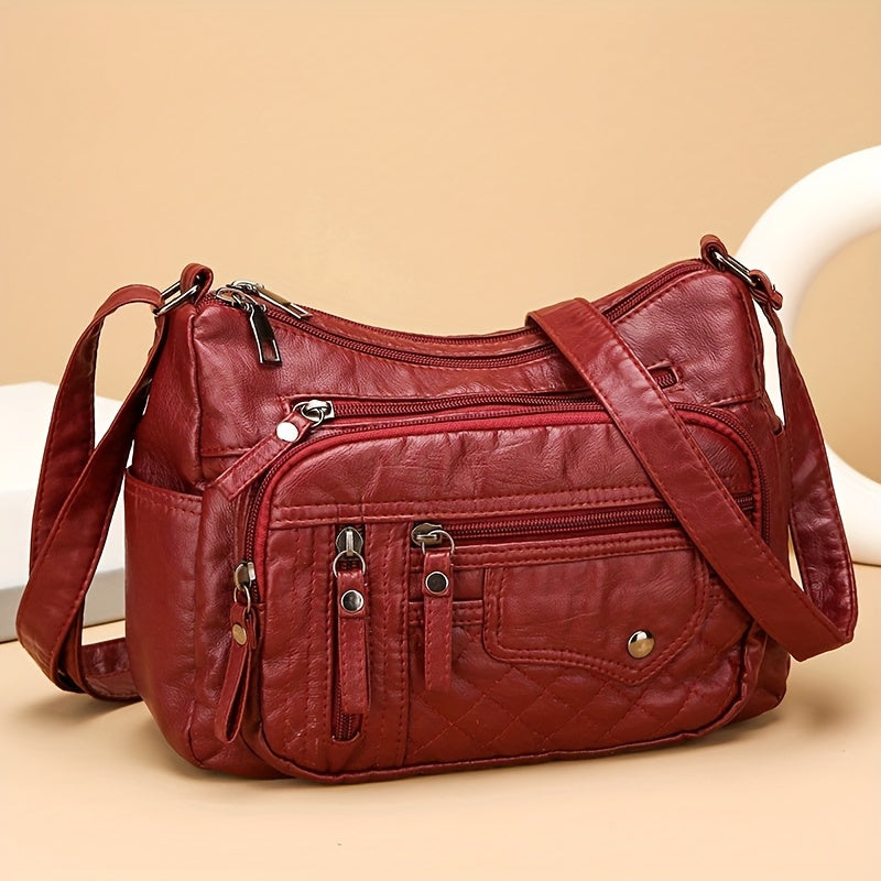 Fashion Multi-Zipper Crossbody Bag – Soft Vegan Leather Shoulder Bag with Multiple Pockets – Women's Handbag Purse