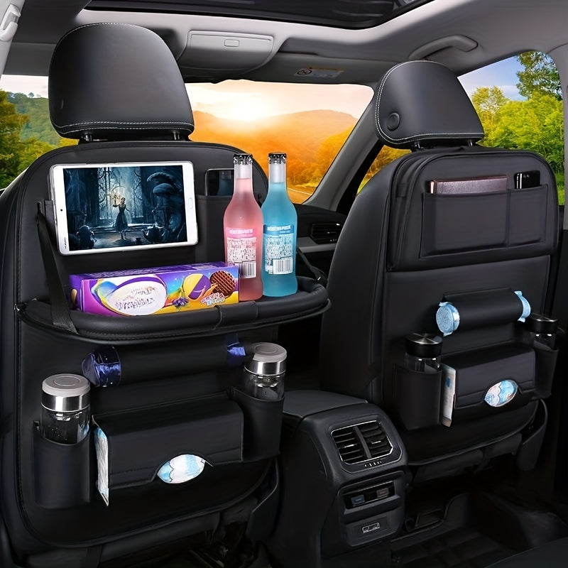 Premium All-in-One Car Back Seat Organizer – Ultimate Travel Companion with Foldable Table, Kick Mats, Tissue Box, Cup and Umbrella Holders, Laptop Station, and Eating Tray