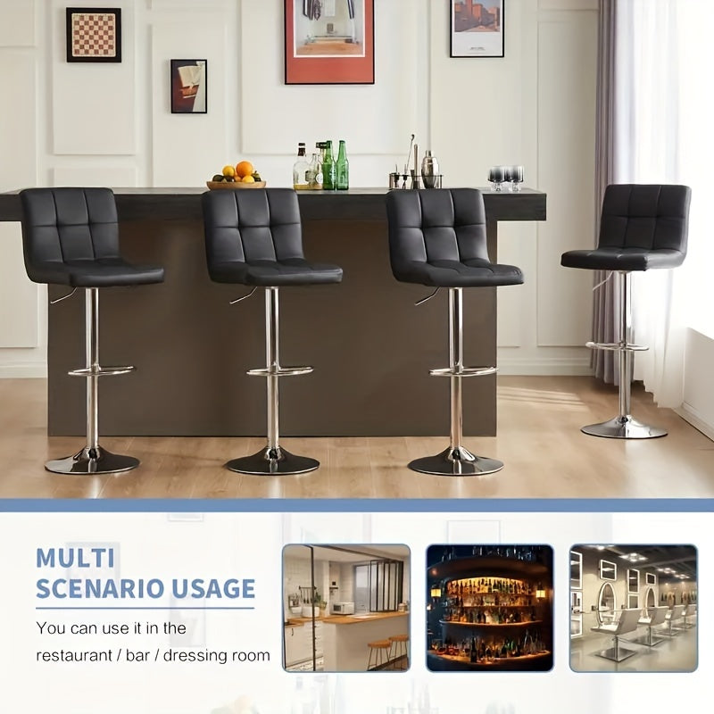 Set of 4 Bar Stools - Luxurious PU Leather, Swivel & Adjustable, Armless Kitchen Counter Stools with Thickened Cushion & Back Support, Hydraulic Island Barstools, Black