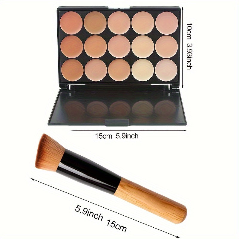 2pcs Set: 15-Shade Concealer Palette with Brush – Waterproof & Sweatproof, Full Coverage for Acne and Tattoos, Moisturizing Long-Lasting Face Makeup