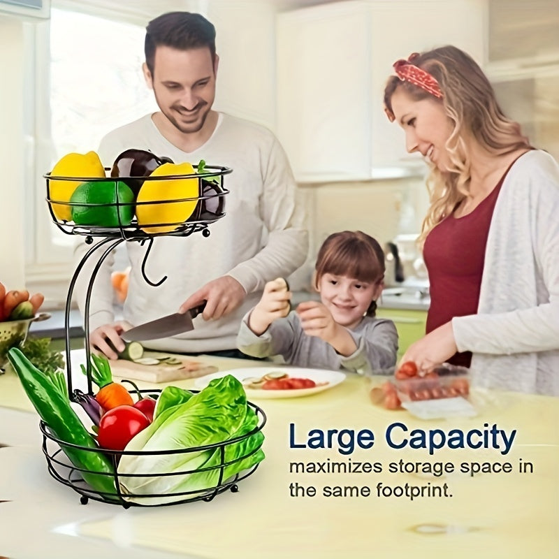 2 Tier Fruit Basket Bowl with Banana Hangers – Metal Wire Vegetable Storage Stand for Kitchen Counter, Fruits Organizer