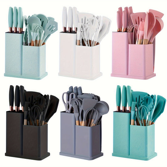 19 Piece Deluxe Silicone Kitchen Utensil Set - Heat-Resistant, Non-Stick, Ergonomic Wooden Handles, Includes Sharp Knives - Bamboo Storage Bucket for Easy Organization - Perfect for Holiday Cooking and Gift-Giving