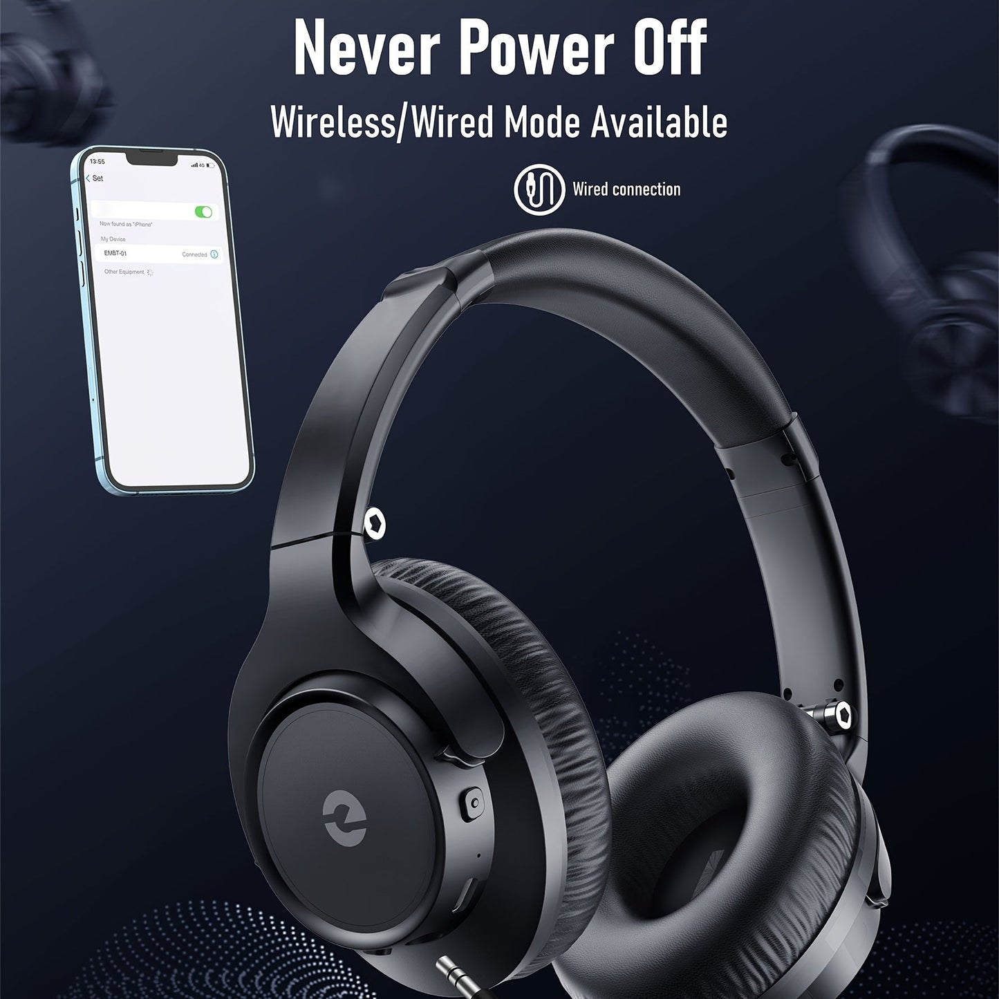 50 Hour Playtime Wireless Hi-Fi Stereo Headphones - Deep Bass, Foldable, Lightweight, Rechargeable Lithium-Polymer Battery, Microphone, and Comfortable Over-Ear Design for Home, Office, and Cellphone Use