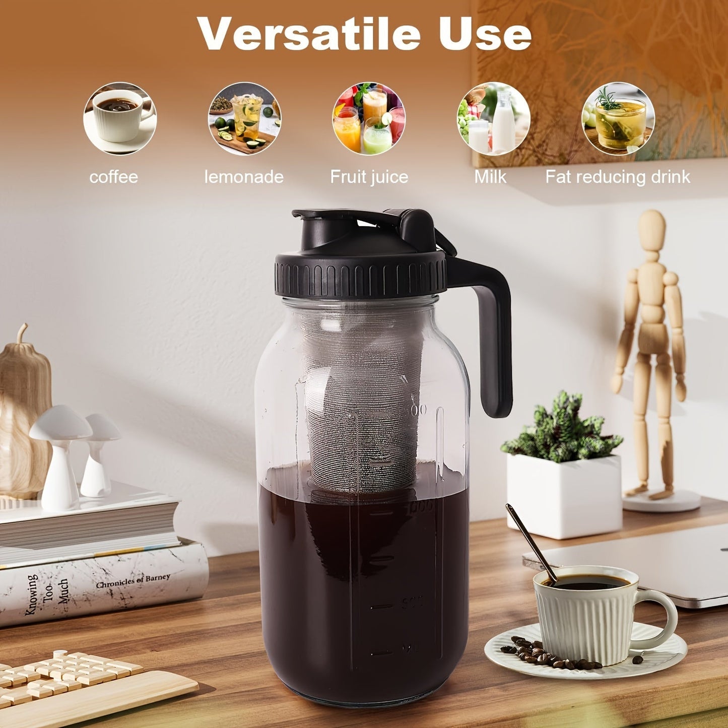 64oz Large Capacity Cold Brew Coffee Maker – Ultra-Dense Filter, 3-Step Brewing, BPA-Free Mason Jar, Includes Cleaning Brush – Effortless Iced Coffee