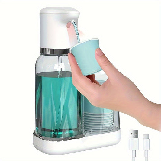 Automatic Mouthwash Dispenser – Smart Rinse Pump with Cup Holder, Infrared Sensor, 2 Dispense Levels, Rechargeable for All Ages