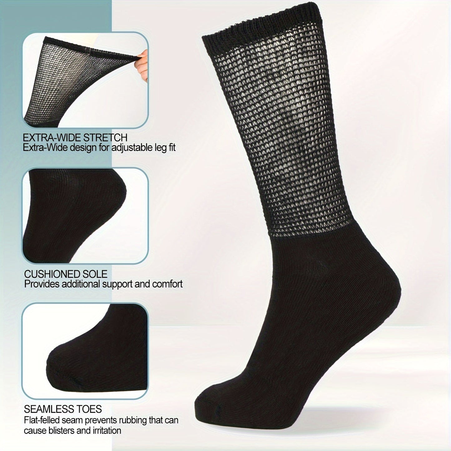 4 Pairs Diabetic Socks - Loose Fit, Non-Binding Seamless Cuff, Extra Wide Crew Socks for Men and Women