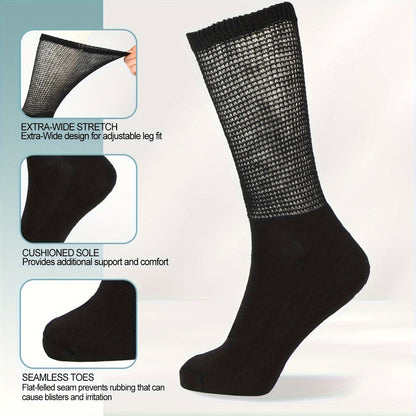 4 Pairs Diabetic Socks - Loose Fit, Non-Binding Seamless Cuff, Extra Wide Crew Socks for Men and Women