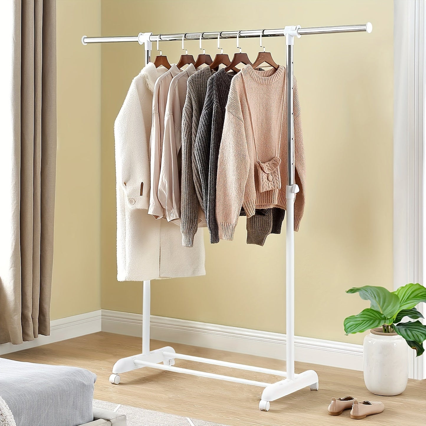 Adjustable Rolling Garment Rack – Metal Chrome & White, 84-121W x 44D x 123.5-163H cm