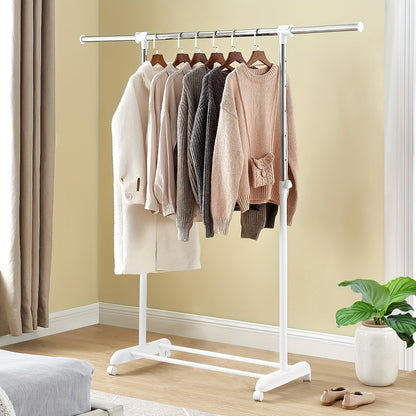 Adjustable Rolling Garment Rack – Metal Chrome & White, 84-121W x 44D x 123.5-163H cm