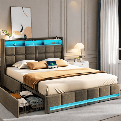 Twin Full Queen Bed Frame with LED Lighting and Charging Station - PU Leather/Neutral Linen Storage Headboard, Drawers, Heavy Duty Wood Slats, Easy Assembly - Modern Bedroom Furniture Upgrade