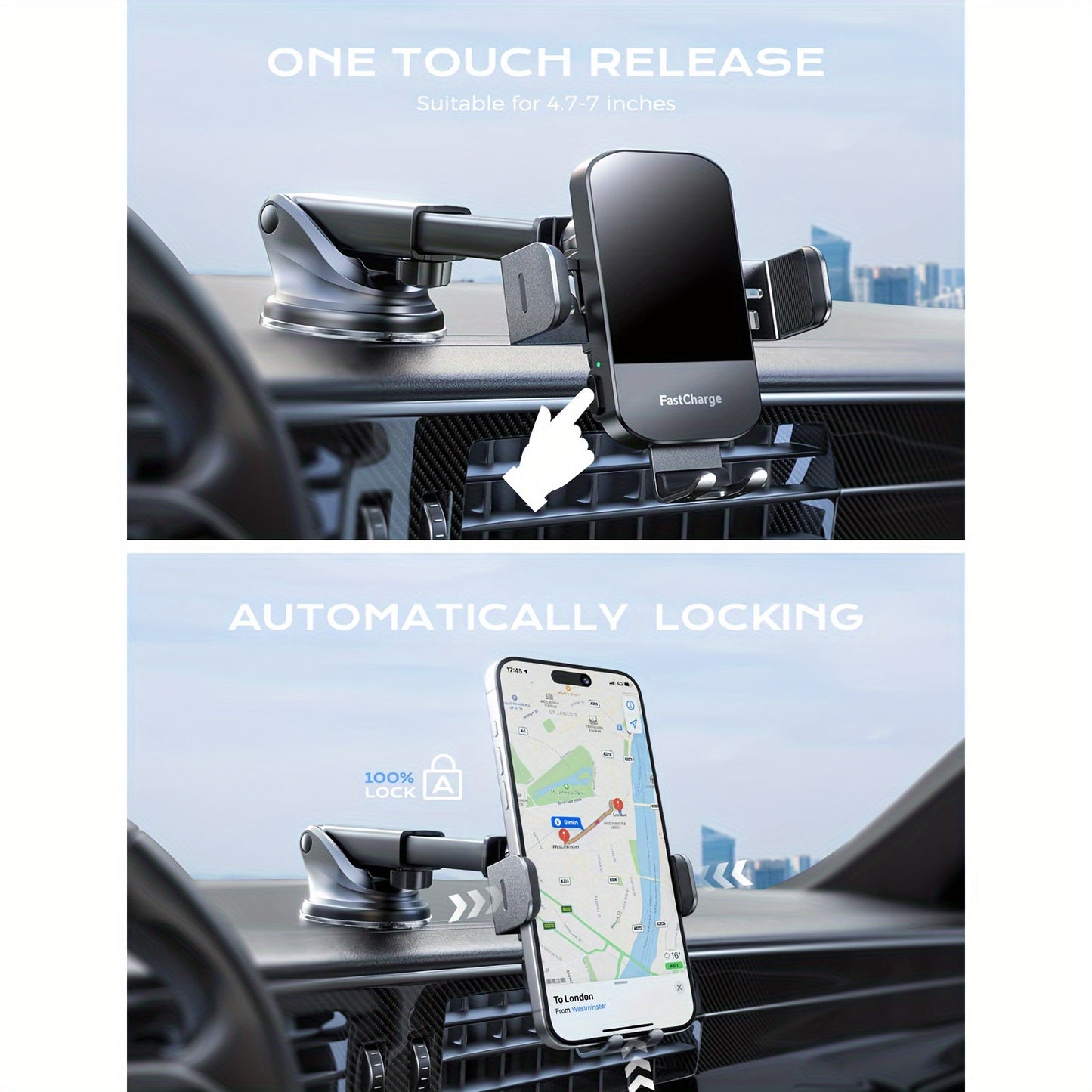 CHGeek Wireless Car Charger - 15W Fast Charging Auto Clamping Phone Mount and Holder, Fits iPhone 15/14/13/12/11 Pro Max Xs, Samsung Galaxy S24/S23/S22/S21/S20/S10+, Black