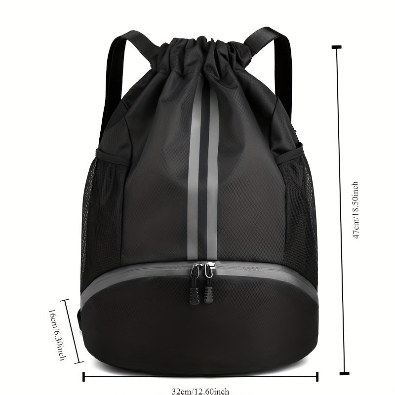 Nylon Sports Drawstring Backpack – Wet/Dry Separation, Tassel Embellishment, Framed Design with Utility Pocket, Plaid Pattern Bag for Basketball, Soccer, Volleyball