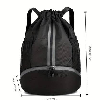 Nylon Sports Drawstring Backpack – Wet/Dry Separation, Tassel Embellishment, Framed Design with Utility Pocket, Plaid Pattern Bag for Basketball, Soccer, Volleyball