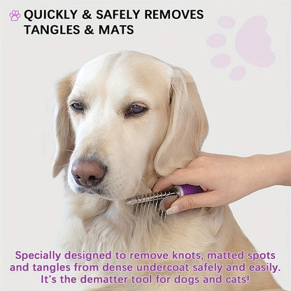 Pet Dematting Rake Comb Brush - Detangle Matted Undercoat for Dogs with Steel Safety Blades
