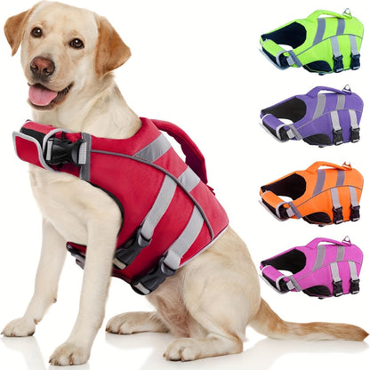 Water Safety Dog Life Jacket – Reflective and Adjustable Pet Flotation Vest with Handle and D-Ring, Polyester, Snap Button/Hook and Loop Closure – Hand Wash Only, for Small to Large Breeds