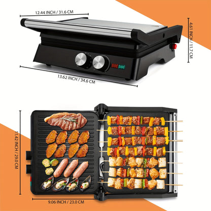 180-Degree 3-in-1 Electric Indoor Grill and Panini Press - Non-Stick Cooking Plates, Floating Hinge, Grease Tray