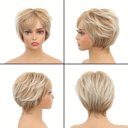 Ladies' Short Pixie Cut Wig - Blonde Straight Hair, Rose Net Cap, Synthetic Fiber, Suitable for All Ethnicities