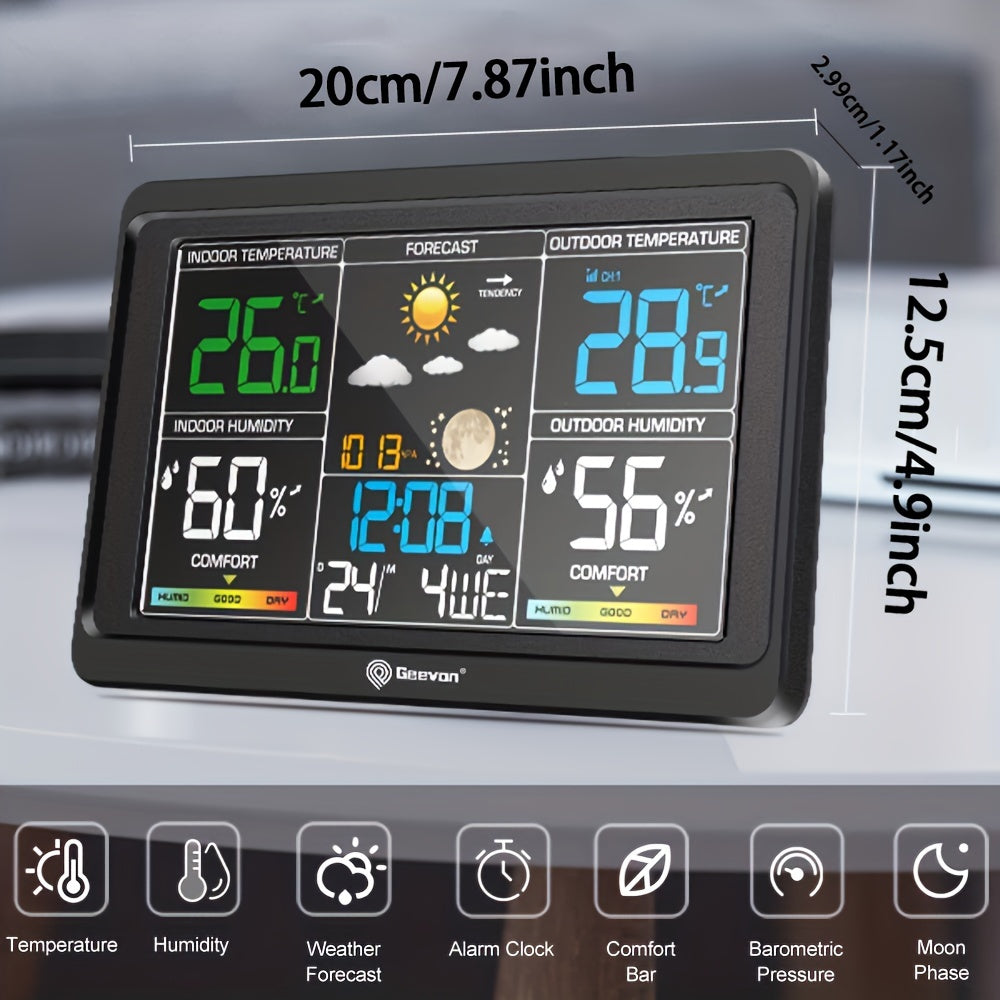 Geevon Wireless Weather Station - Indoor/Outdoor Thermometer with Color Display, Digital Temperature Gauge, Barometer, Calendar, USB Charge, and Adjustable Backlight (Battery Operated)