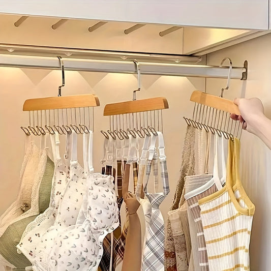 Bra Hanger for Closet – 3-Pack Tank Top Hanger with 8 Hooks, Space-Saving Wooden Organizer for Bras, Camisoles, Swimsuits & Dresses, 360° Rotating, Dorm & Apartment Storage
