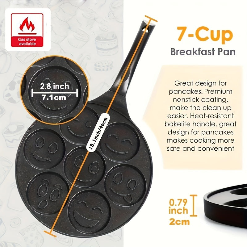 Nonstick Pancake Pan with 7 Happy Face Molds - 7-Cup Blini Maker with Heat-Resistant Handle - Easy-to-Clean Fun Breakfast Pan