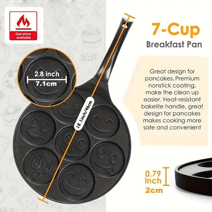 Nonstick Pancake Pan with 7 Happy Face Molds - 7-Cup Blini Maker with Heat-Resistant Handle - Easy-to-Clean Fun Breakfast Pan